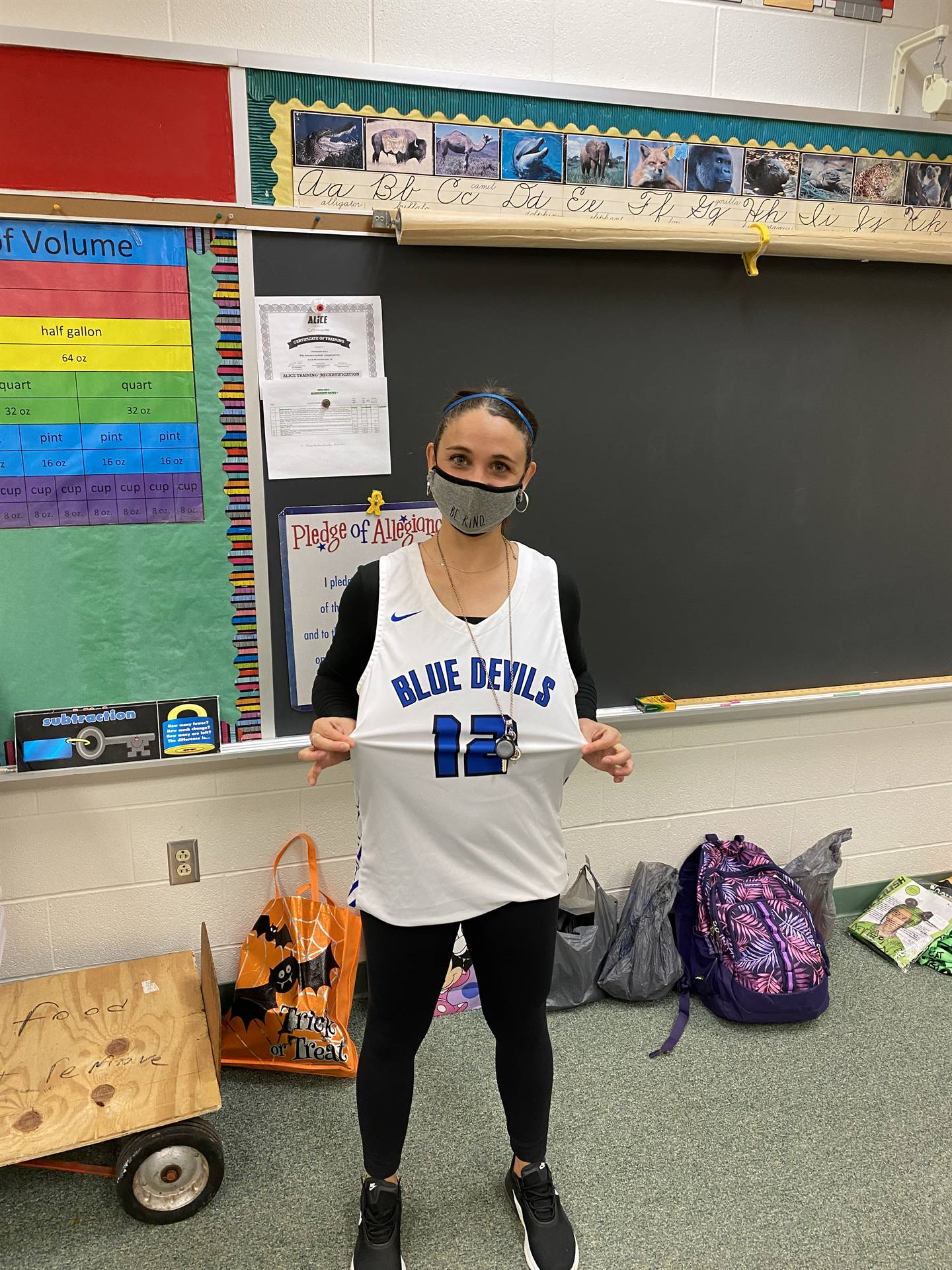 School staff member in Blue Devils Jersey